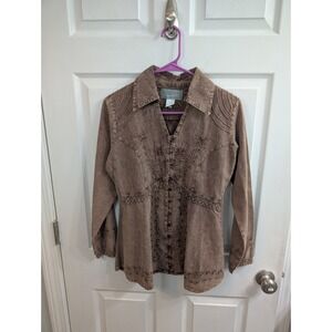 Inca Cottons Embroidered Button Down Shirt Womens Brown Made in Peru - Size S